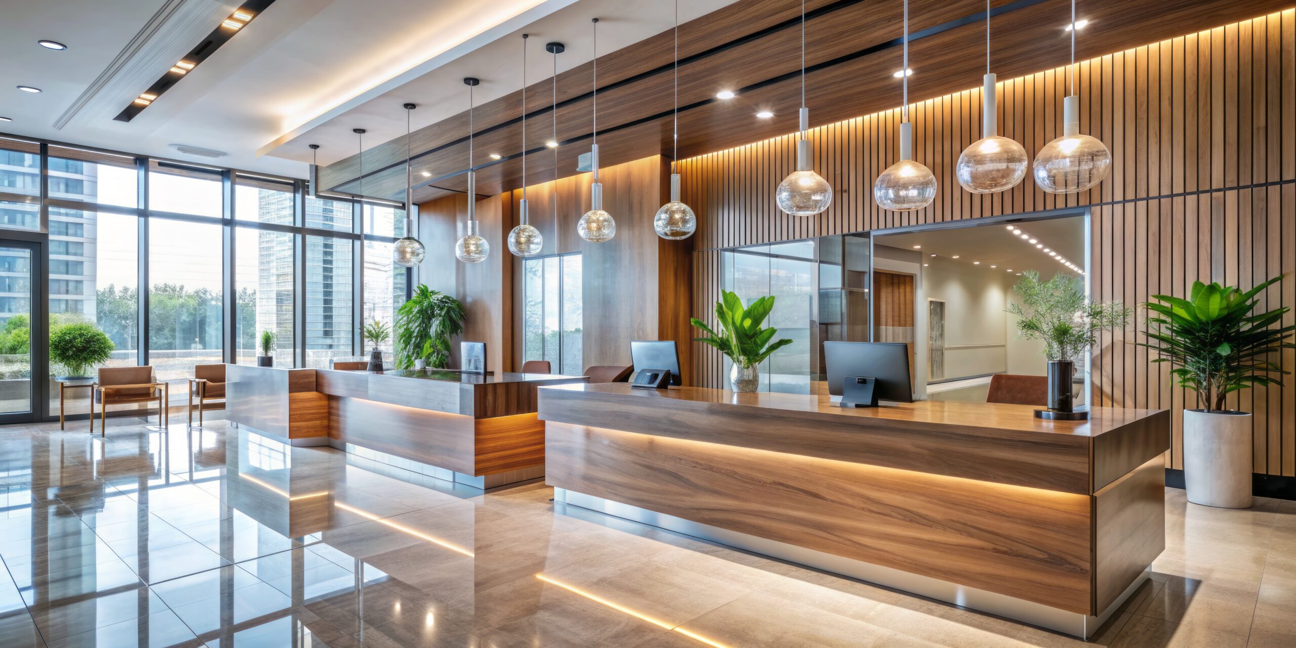 Modern hotel lobby interior with sleek reception desks featuring transparent clear sneeze guards, promoting a safe and hygienic environment for guests and staff during pandemic times.