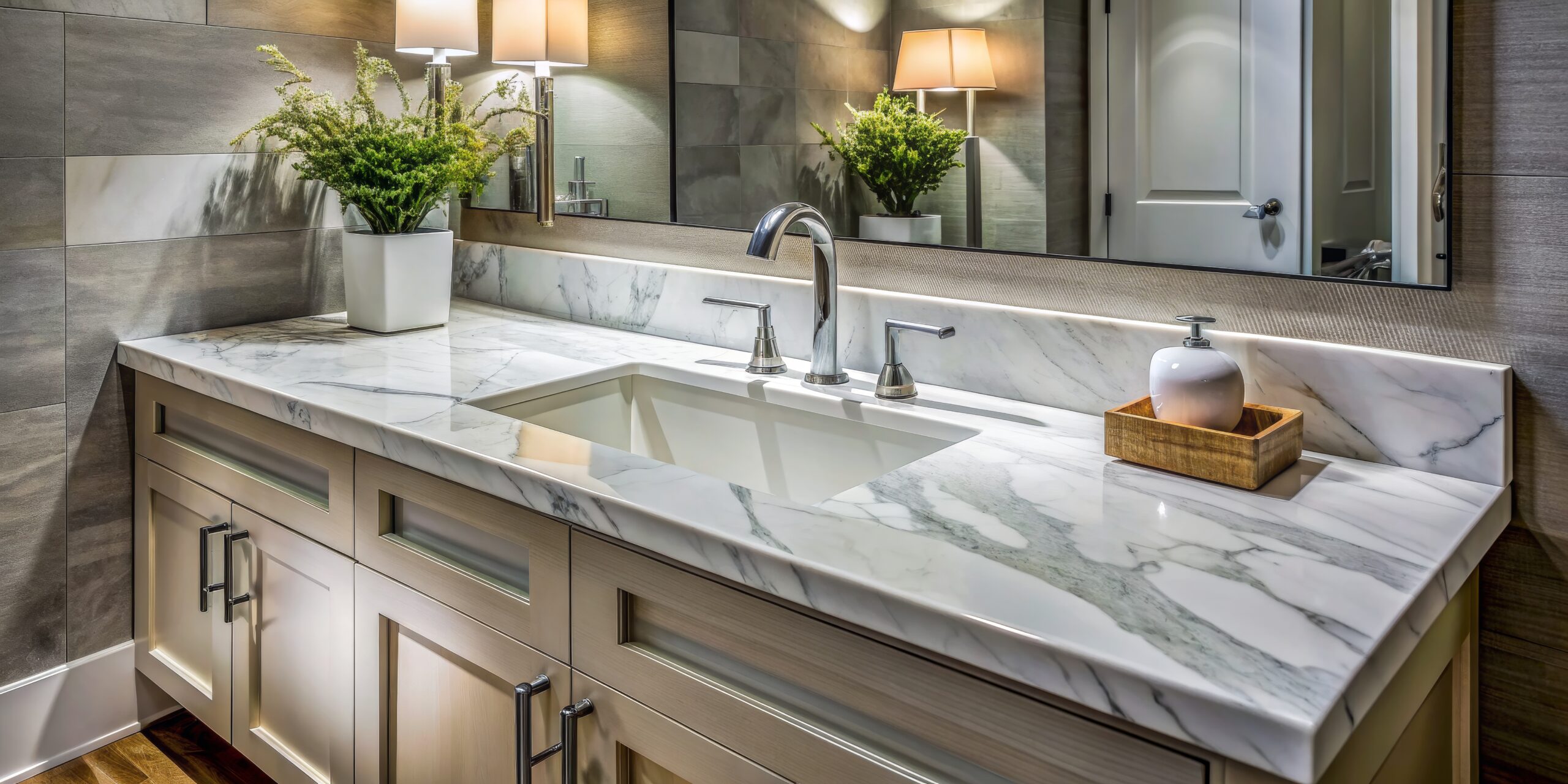 Modern bathroom sink with white marble countertop