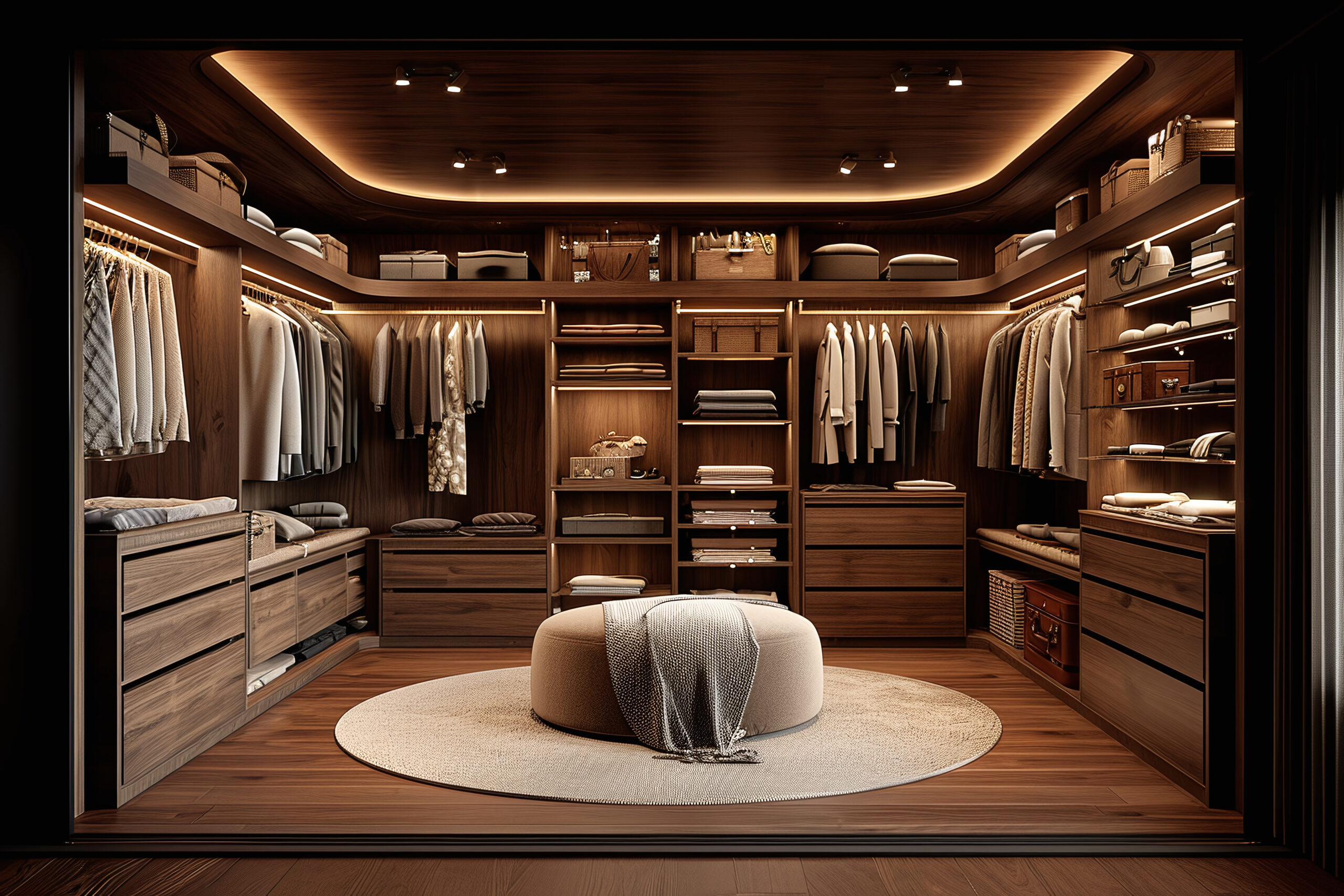 A luxury walk-in closet with custom cabinetry and lighting. Organized room with dedicated spaces for shoes, handbags, and clothes. Modern and stylish dressing room.