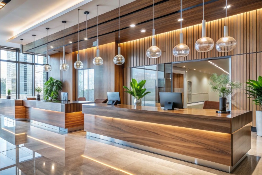 Architectural woodworking and custom wood reception desk in a commercial space, showcasing VHC Wood Products' craftsmanship for commercial and residential projects.