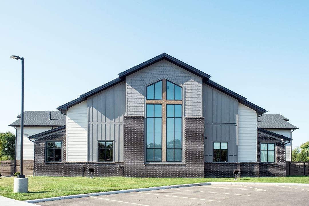 Exterior of a modern church, representing religious buildings such as churches, mosques, synagogues, and temples where VHC Wood Products provides custom woodwork and cabinetry.