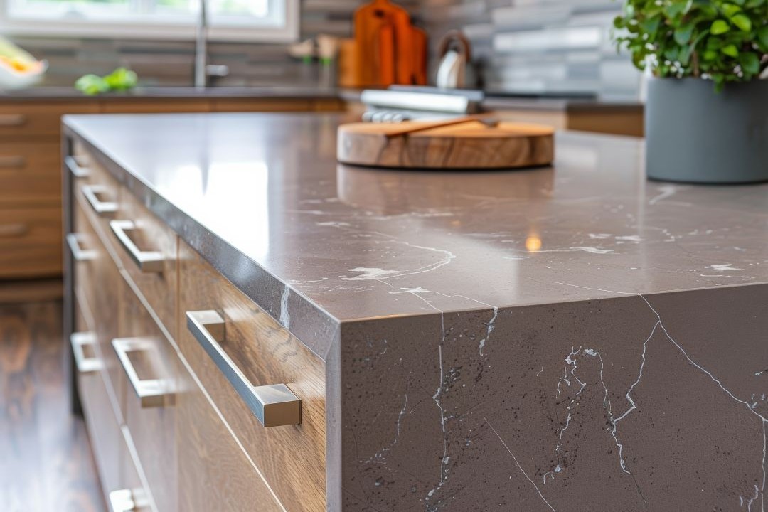 Custom countertops representing VHC Wood Products' work across apartment buildings, hotels, senior living facilities, schools, medical facilities, high-end residential properties, retail spaces, and religious buildings.