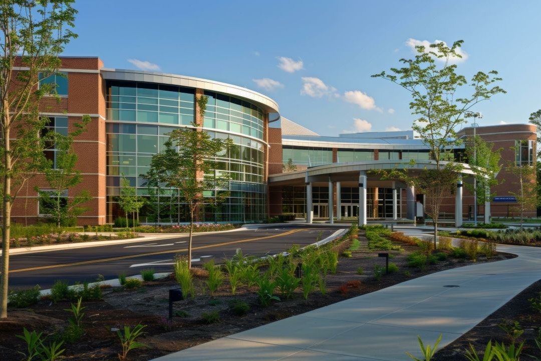 Exterior of a modern hospital, representing projects where VHC Wood Products provides custom woodwork and cabinetry.